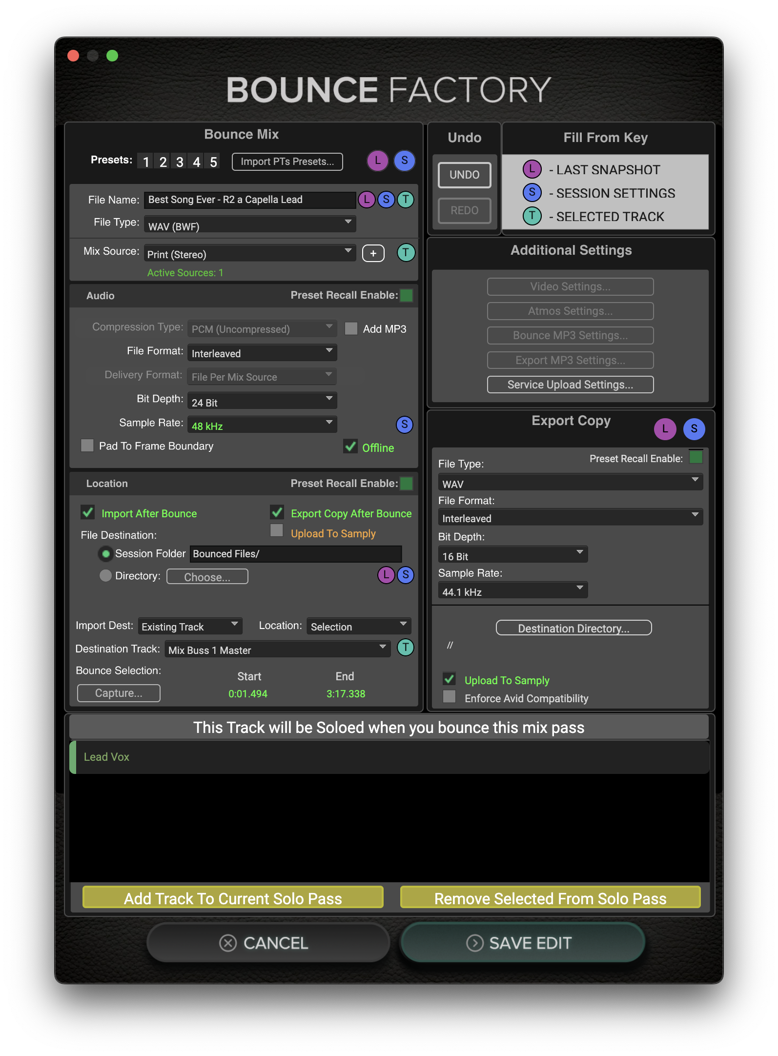 Bounce Factory Snapshot Settings